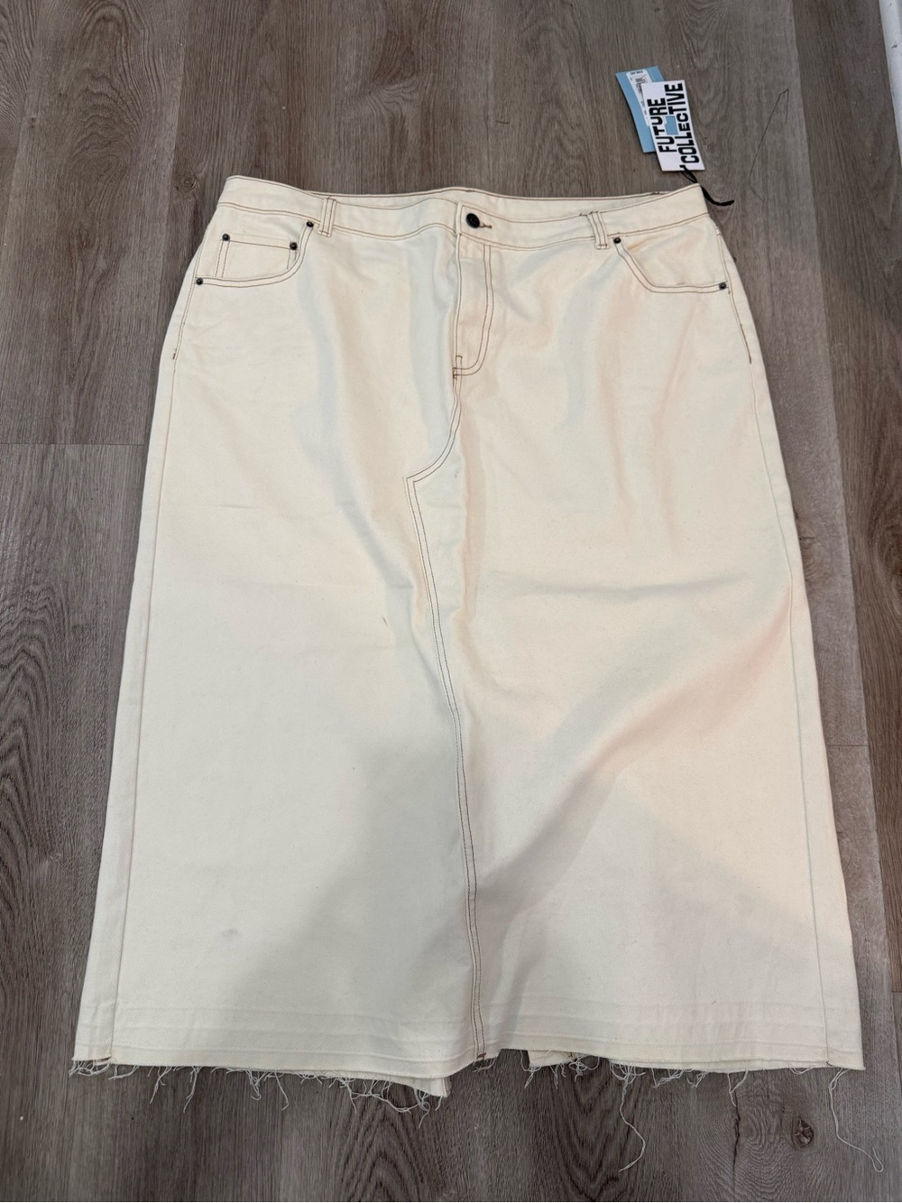 Cream Denim Midi Skirt with Raw Hem